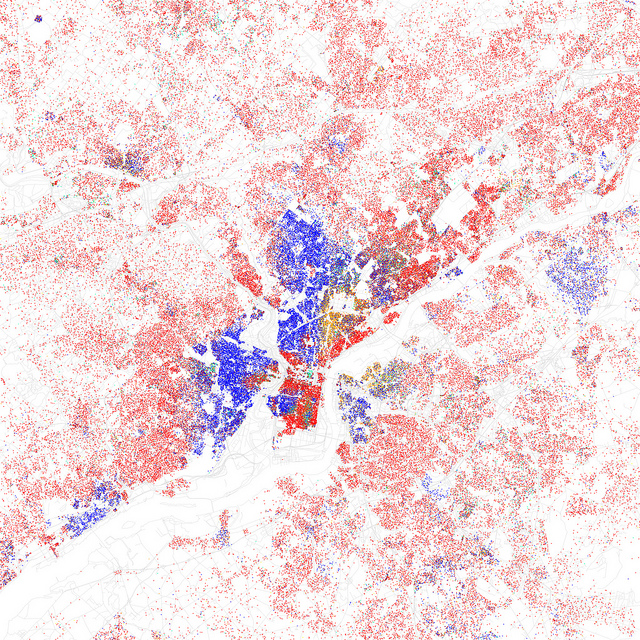Philadelphia: One dot for each 500 residents. Red is White, Blue is Black, Green is Asian, Orange is Hispanic, Yellow is Other.