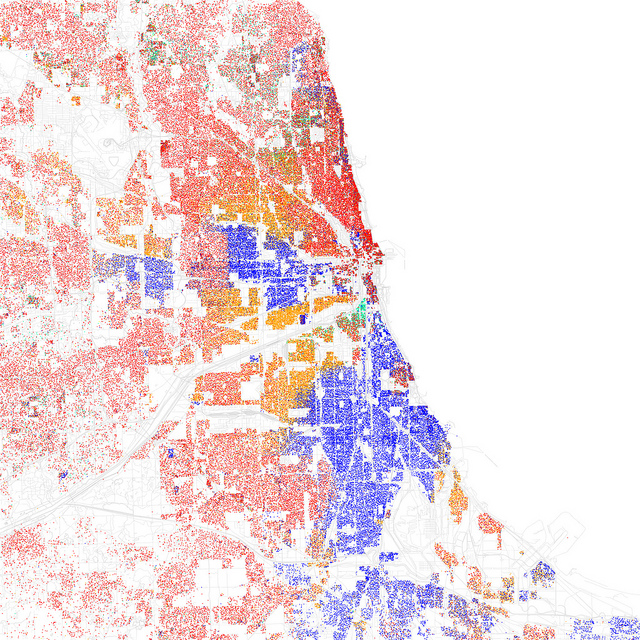 Chicago: One dot for each 500 residents. Red is White, Blue is Black, Green is Asian, Orange is Hispanic, Yellow is Other.
