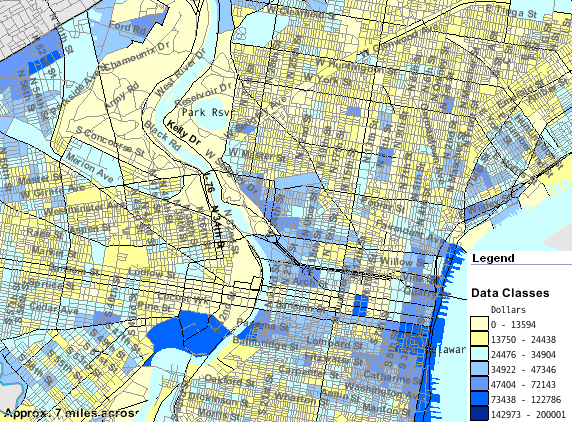  Median household income in Center City and surrounding sections, 2000 Census.
